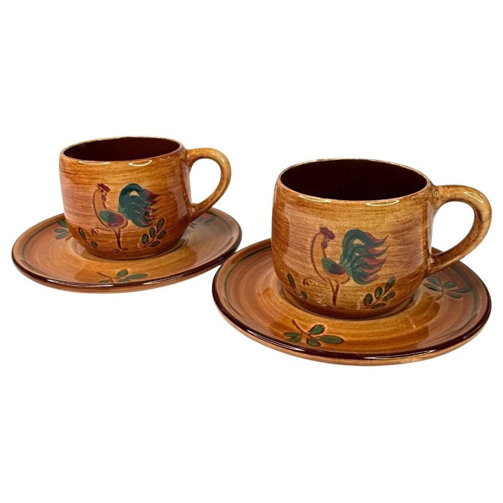 2 Pennsbury Pottery Red Rooster Cup And Saucer‎ Sets Chicken Folk Art Farmhouse